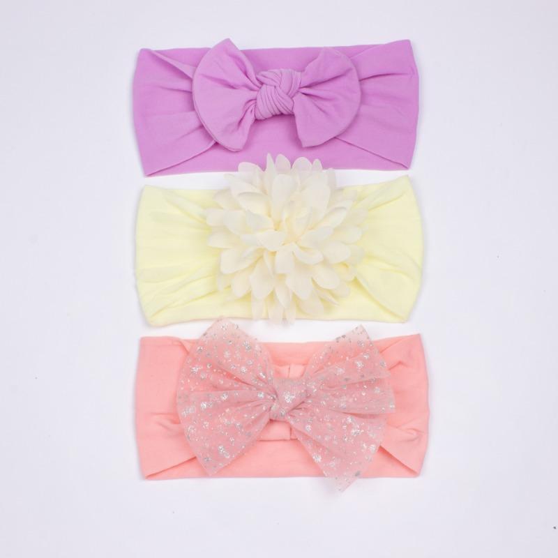 3Pcs new children's hair accessories, baby nylon bow does not hurt the skin, wide headscarf, baby headband.