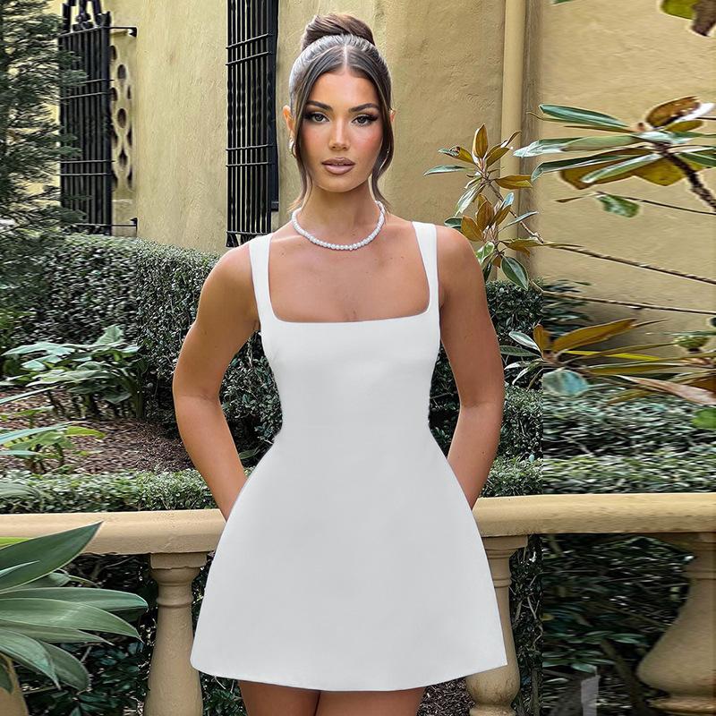 European and American Women's Clothing Summer New Solid Color Elegant Sleeveless Suspender High Waist A Word Short Dress