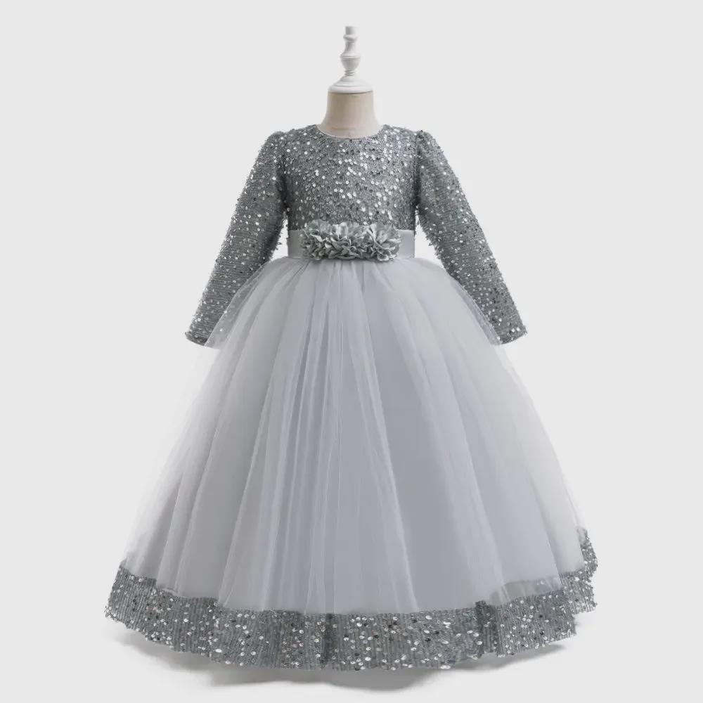2024 Girls' Sequin Long Sleeve Evening Dress for Catwalk and Events