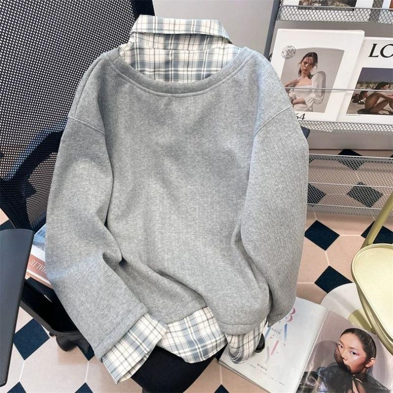 Kariertes besticktes Damenhemd Fake Zwei Schmetterling Langarmshirts Herbst Locker Damen Modisches Freizeit-Top