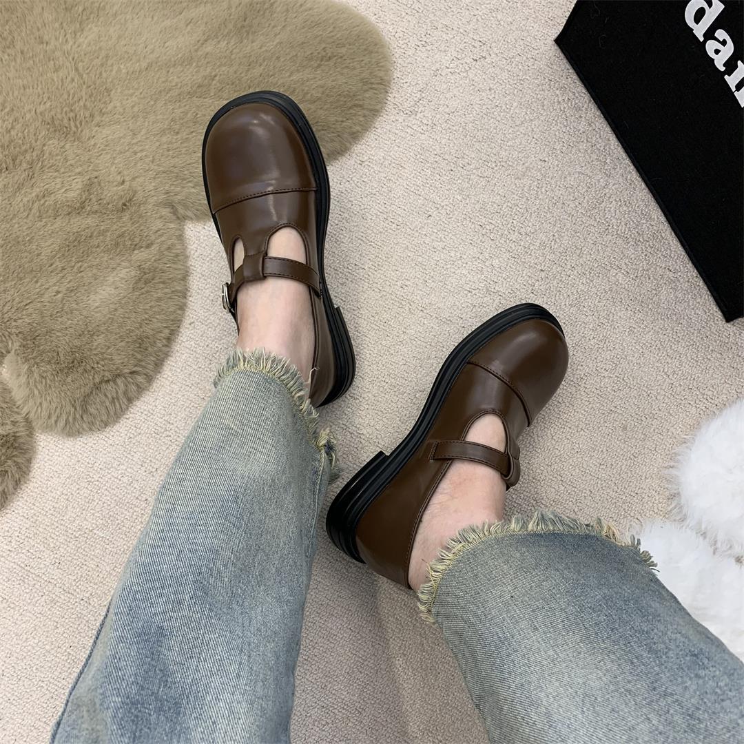 

IPPEUM Mary Jane Shoes Lolita Leather Round Toe Buckle Women Flats Shoes Loafers 245 чёрный