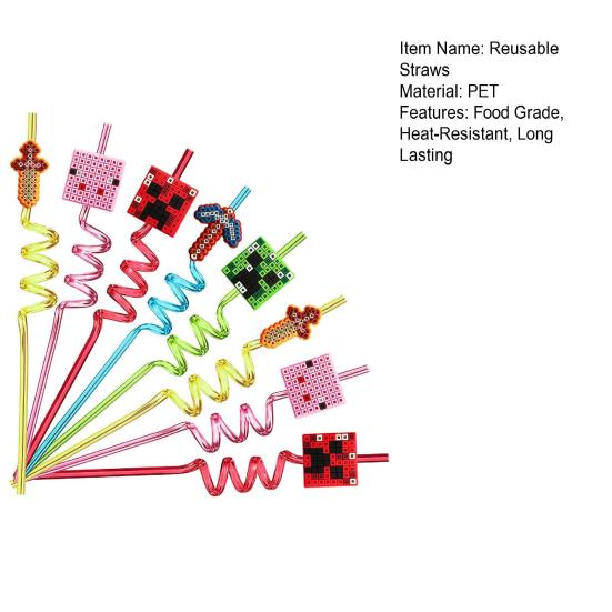 5Pcs Drinking Straws Food Grade BPA Free Smooth Edge Pixel Themed