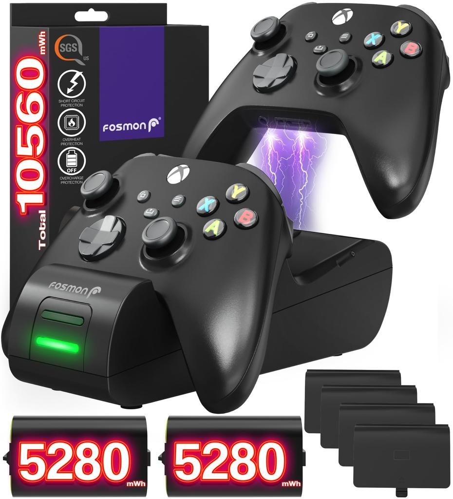 Fosmon Dual 2 Max Charging Stand for Xbox Series Xbox S Elite and a Charger Place and Charge Charge Two Controllers with Two 2200mAh Rechargeable