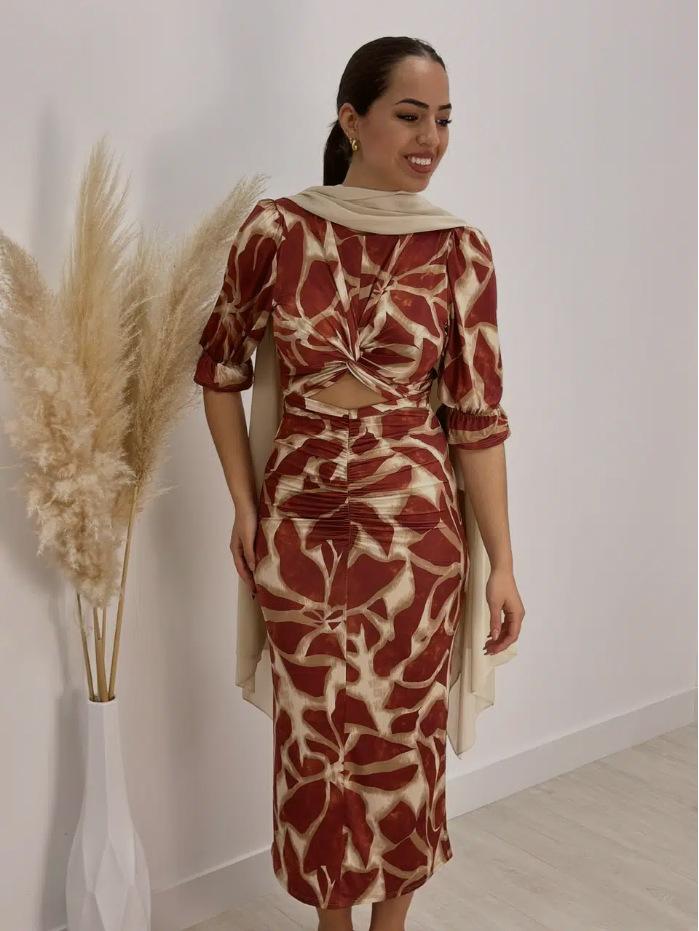 

2025 European & American Print Round Neck Waist-Cinching Crop Top Dress XL помаранчевий/червоний