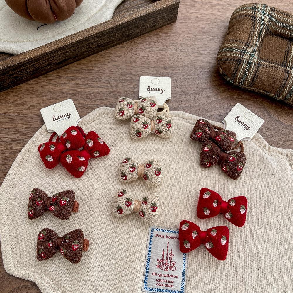 Strawberry Embroidery Bow Hairpin Hairclips Cute Hair Rope Tie Scrunchies Rubber Band Elastic Hair Band Girls Hair Accessories