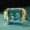 Elegant Gold Color Inlaid Blue CZ Women's Ring Square Hollow Daily Wear Party Jewelry