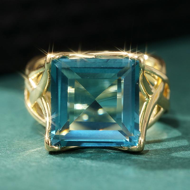 Elegant Gold Color Inlaid Blue CZ Women's Ring Square Hollow Daily Wear Party Jewelry
