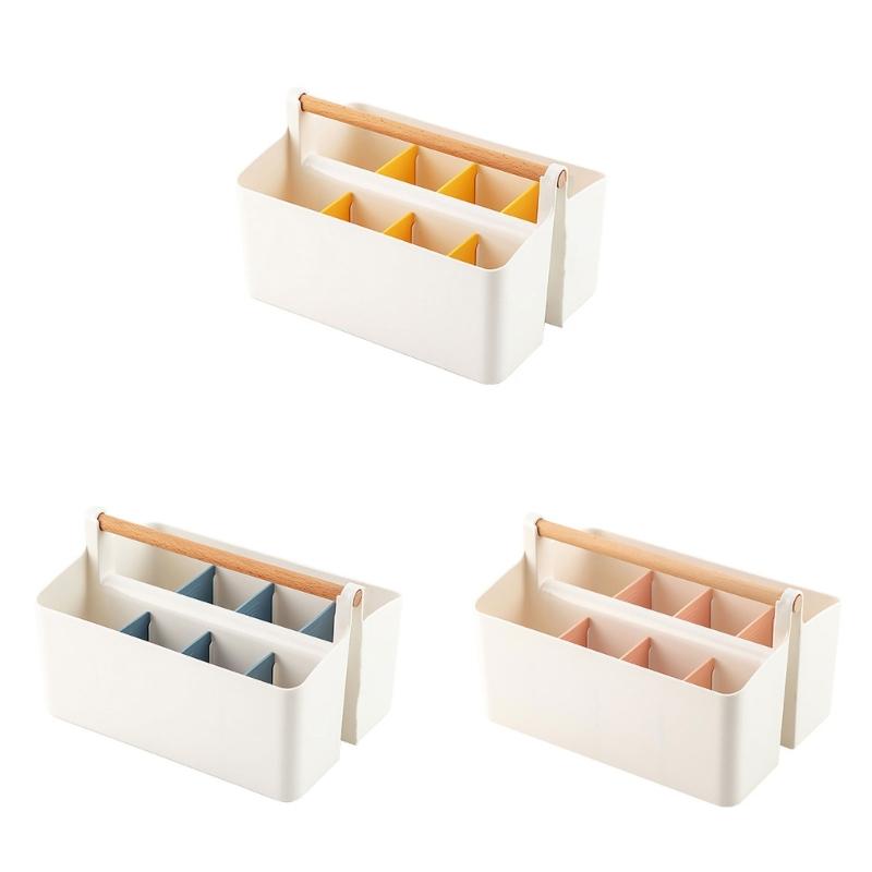 Practical Storage Box with Wooden Handle Multi Compartment Table Storage Box for Sorting Stationery Notebooks Folders