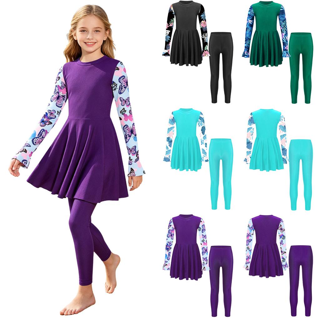 Kids Girls Two Piece Swimsuit Set Long Sleeve Floral Print Short Dress with Pants Rash Guard for Pool Beach Summer Swim