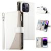 For iPhone 14 Pro Max Case Zipper Pocket Wallet Color Splicing Leather Flip Phone Cover with Straps