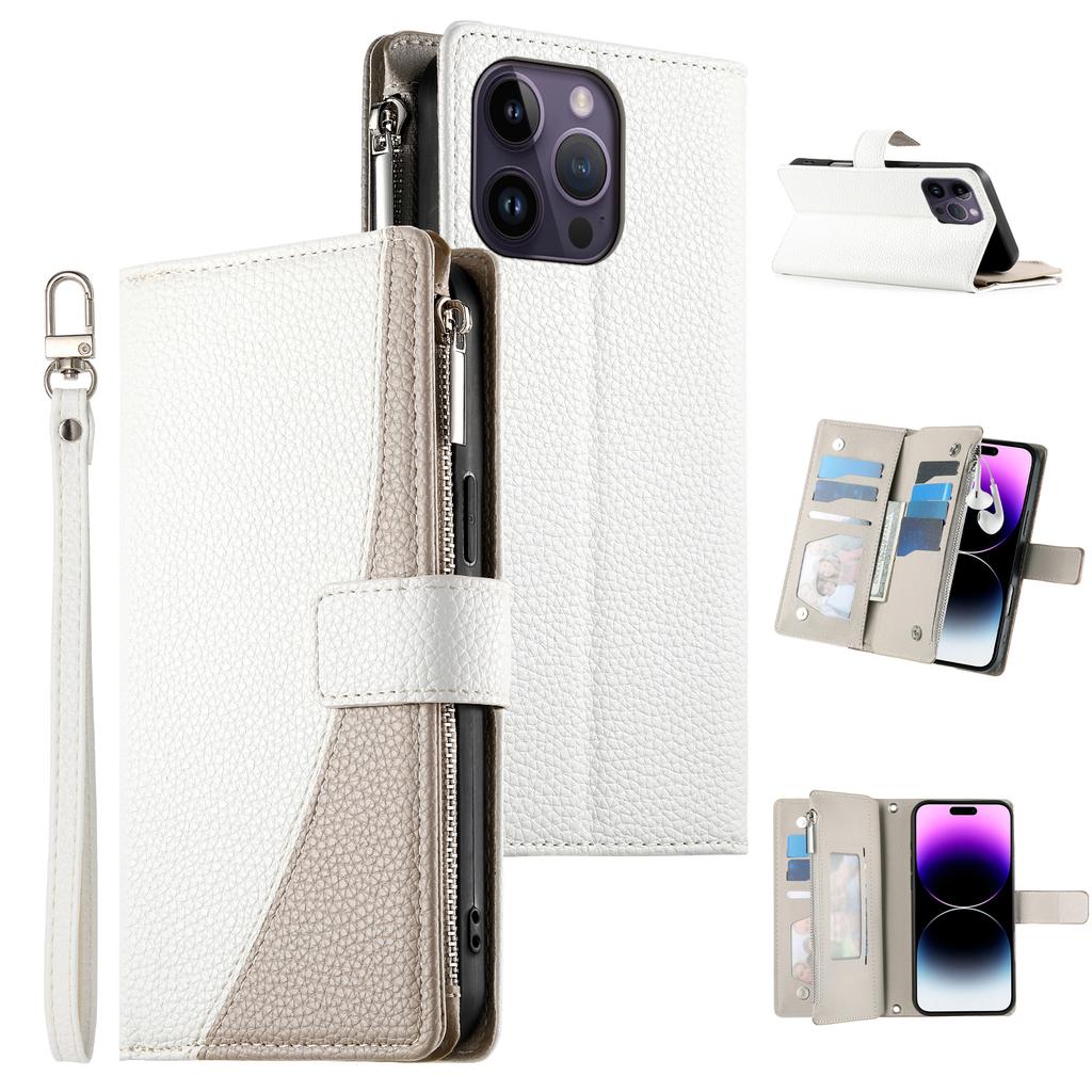 For iPhone 14 Pro Max Case Zipper Pocket Wallet Color Splicing Leather Flip Phone Cover with Straps