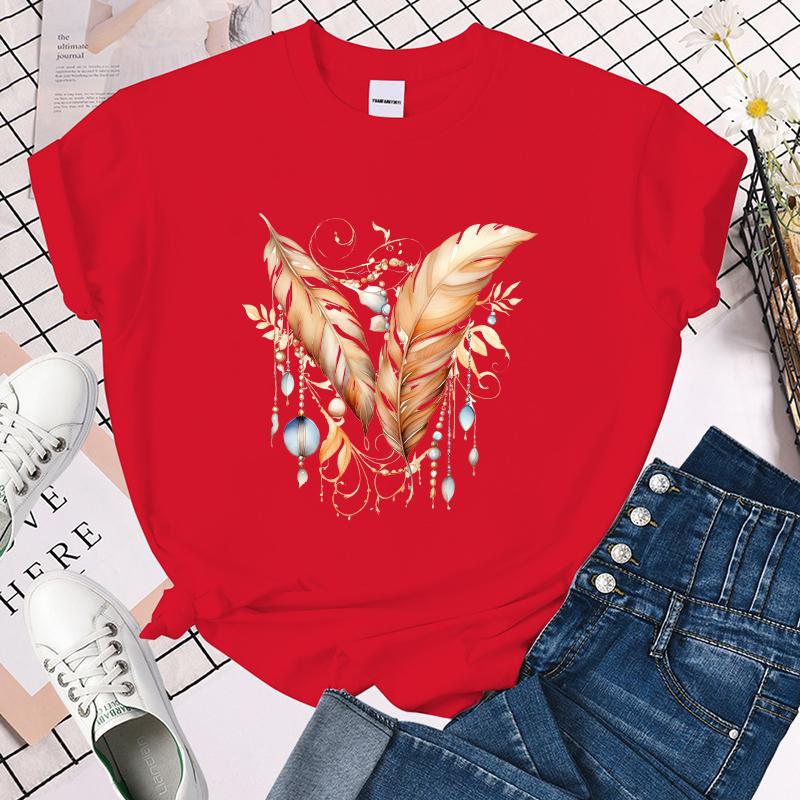 Feather Printed T-Shirts for Women Summer Short Sleeve Tee Shirts Round Neck Casual Summer Ladies Tops
