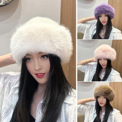 Women Winter Hat Thick Plush Faux Fur Heat Retention Windproof Mongolia Style Bucket Hat Solid Color Outdoor Cycling Skiing Panama Cap