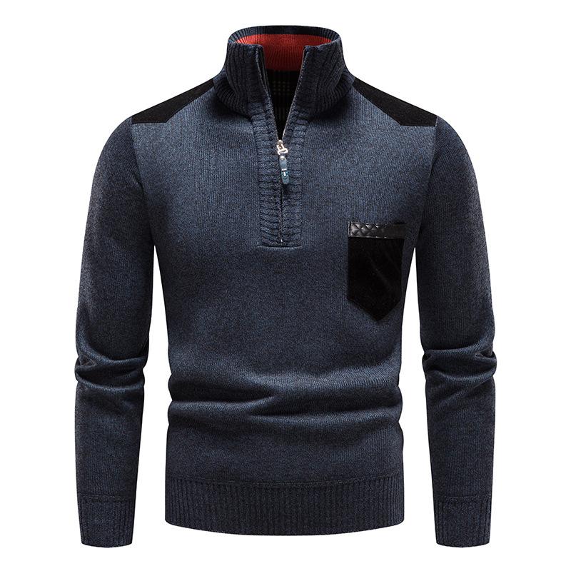 Winter Men Stand Collar Sweater Men Patchwork Knitwear Jumpers Slim Fit Brown Knitted Sweater Male Fleece Warm Pullover