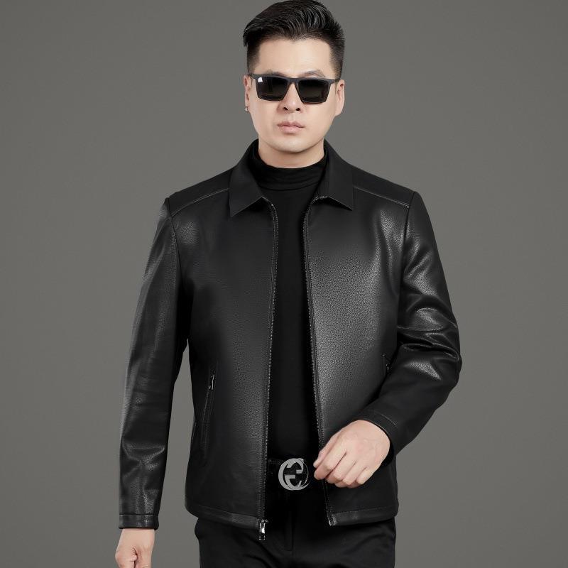 Jarní a podzimní nová kožená pánská bunda z ovčí kůže, business bunda s klopami z měkké kůže pro tatínky středního věku