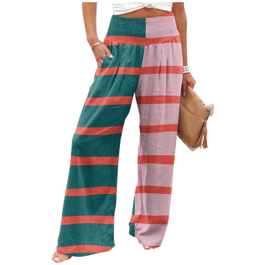 Women's Summer Elastic Waist Striped Printed Cotton And Linen Loose Trousers