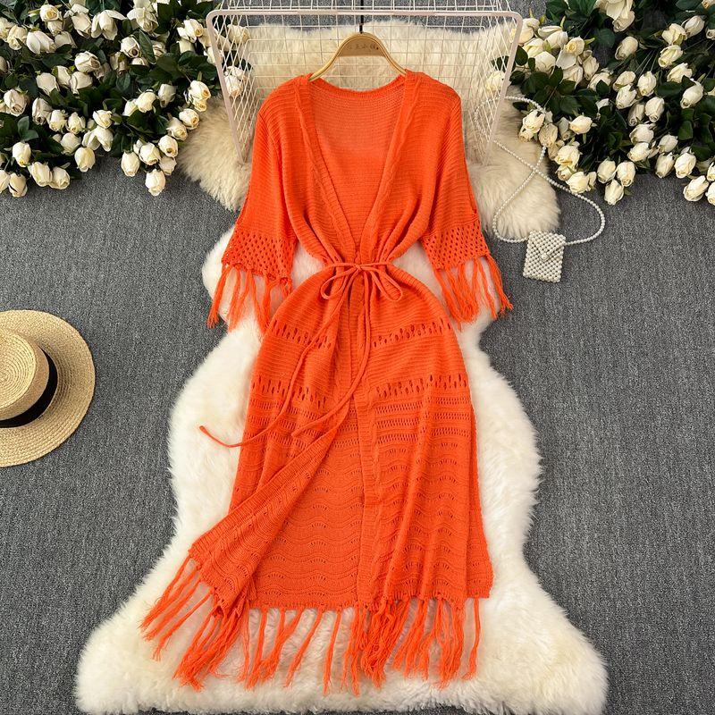 

Korean Style Fancy All-Matching Youthful-Looking Cut Out Knitting Long Outwear Women s Vacation Shoelace Waist-Tight Tassel Cardigan Shawl Orange Red All yards