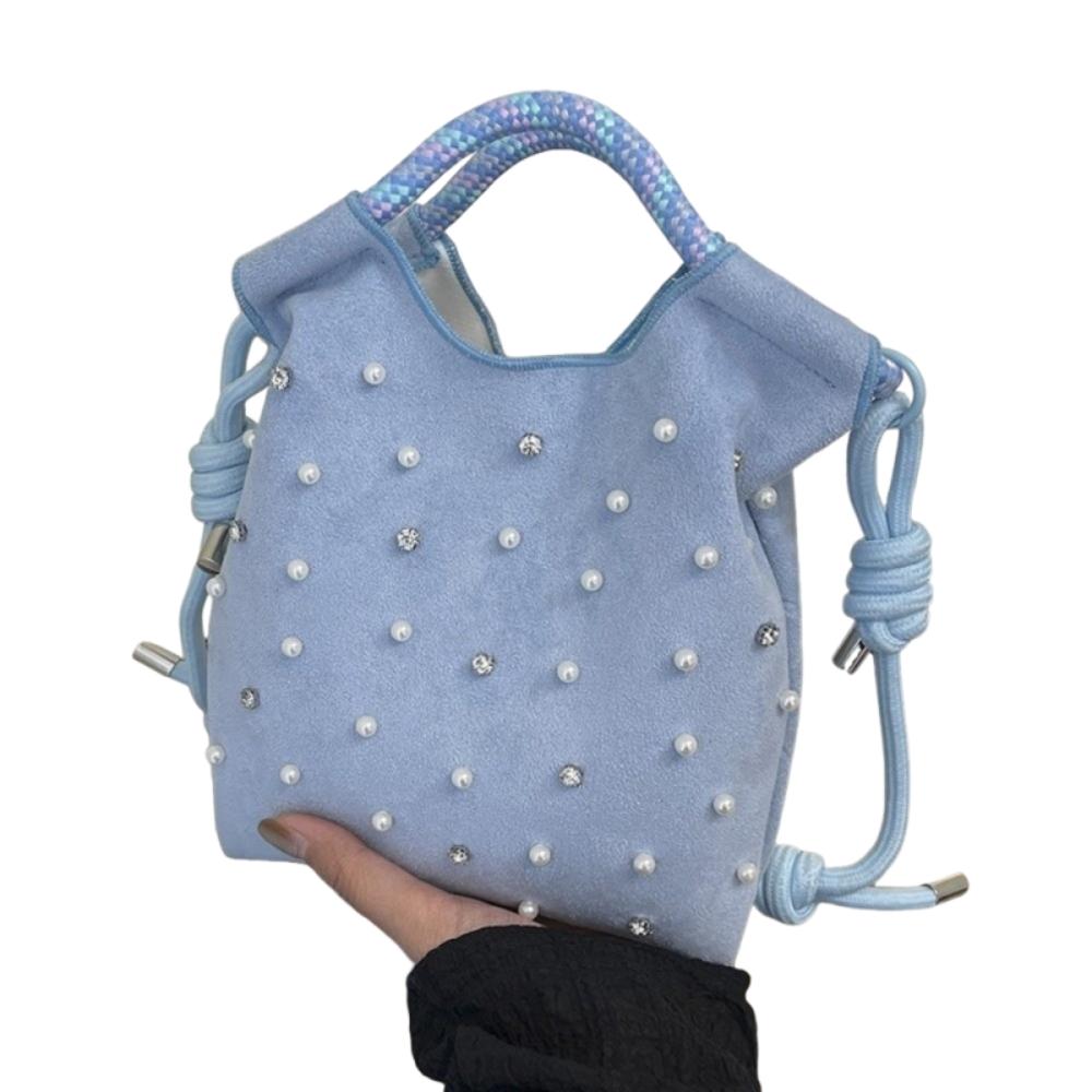 Elegant Rhinestone Shoulder Bag Large Capacity Female Tote Bag Simulated Pearls Handbag  Lady Girl синий