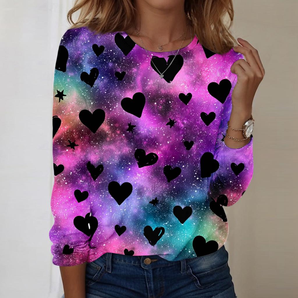 Women's Heart,shaped Printed Round,neck Loose Long,sleeved Top