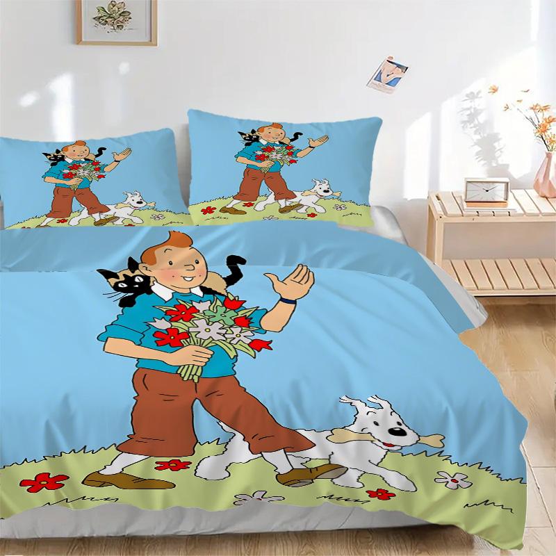Tim und Struppi Blumenstrauß Abenteuer Druck 3-teiliges Bettwäsche-Set Bettbezug mit 2 Kissenbezügen Haus Geburtstagsgeschenk