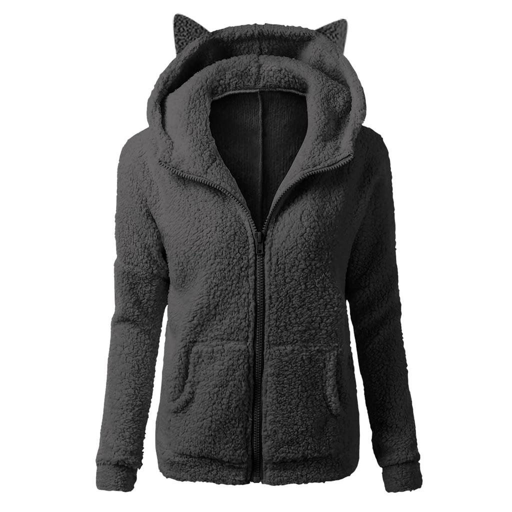 Women's Fashion Solid Color Sweatshirt Loose Hooded Fleece Zipper Jacket Top