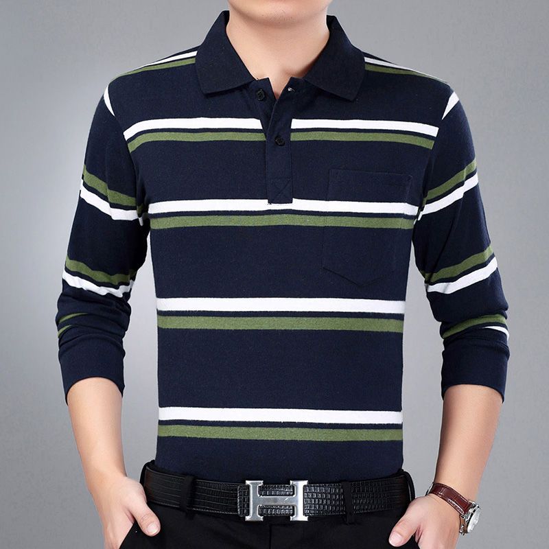Moda Hombre Nuevo Negocios Camisas Polo Rayadas Coreano Primavera Otoño Casual Manga Larga Solapa Bolsillos Ropa Masculina Algodón Tops 2025