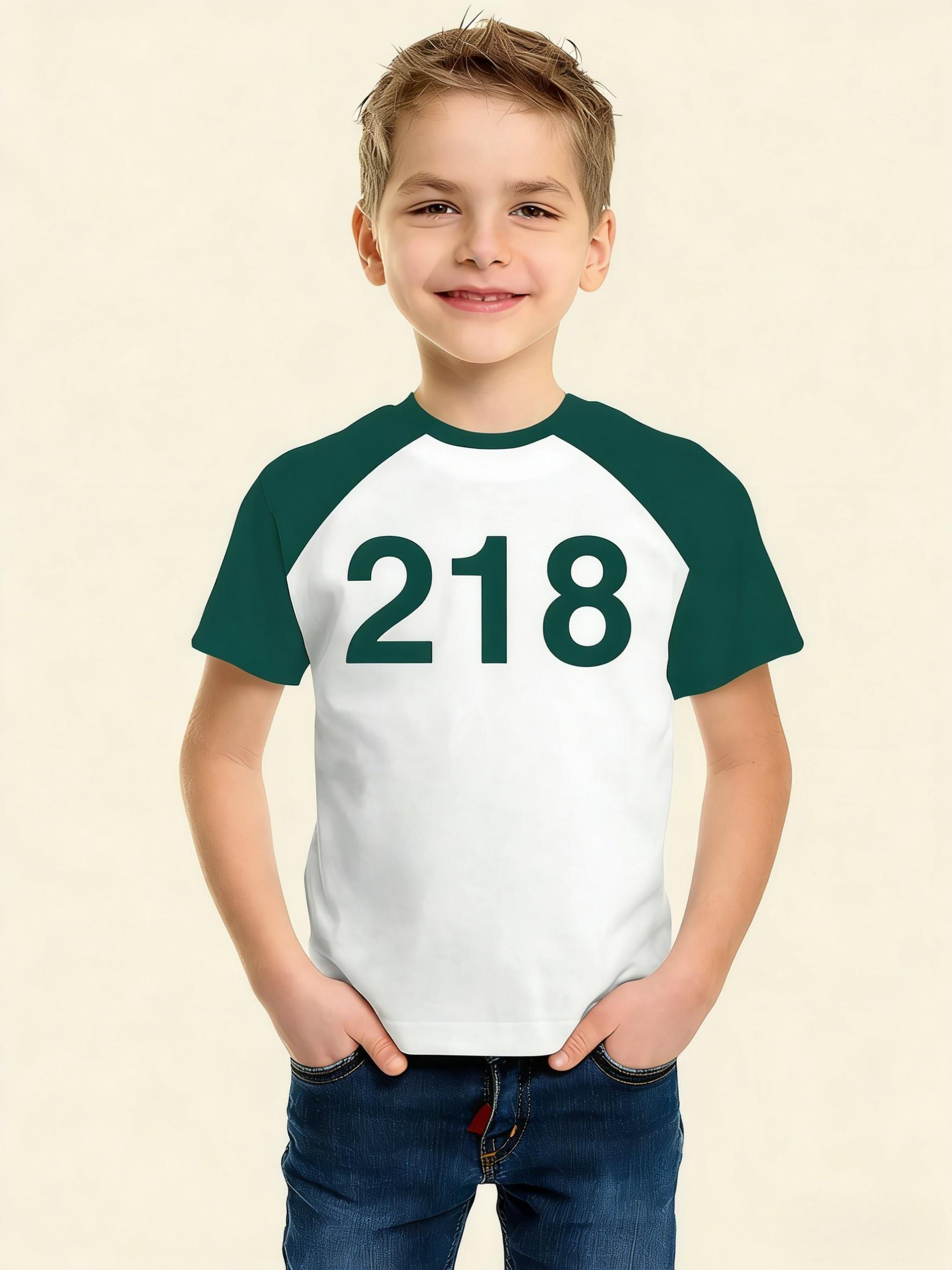 

Boys casual summer T-shirt - comfortable short-sleeved round neck design, white and green tone, light and breathable 100