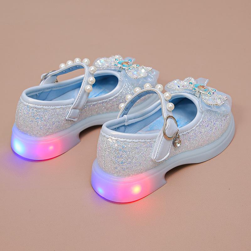 Girls' leather shoes with lights 2025 spring and autumn new children's bow rhinestone princess shoes baby girl soft sole single shoes tide