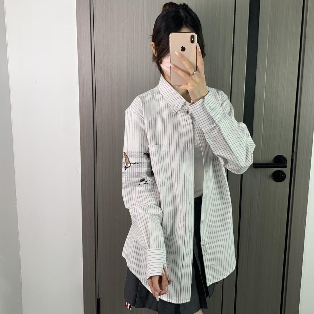 TB new striped shirt Dayan four-striped pinstriped men's and women's casual versatile Oxford long-sleeved shirt