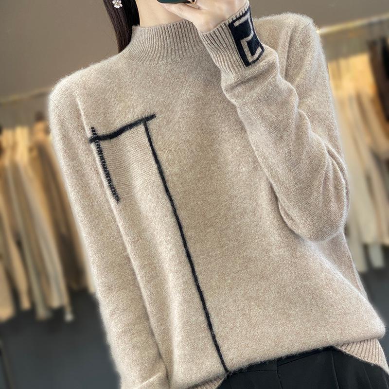 Damen Strickpullover in Übergröße mit hohem Kragen - Colorblock Lockerer Schnitt für Herbst/Winter