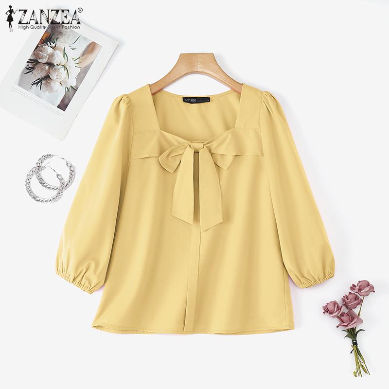 

ZANZEA Women Square Collar 3/4 Sleeve Bow Knot Solid Elegant Blouses 2XL жёлтый