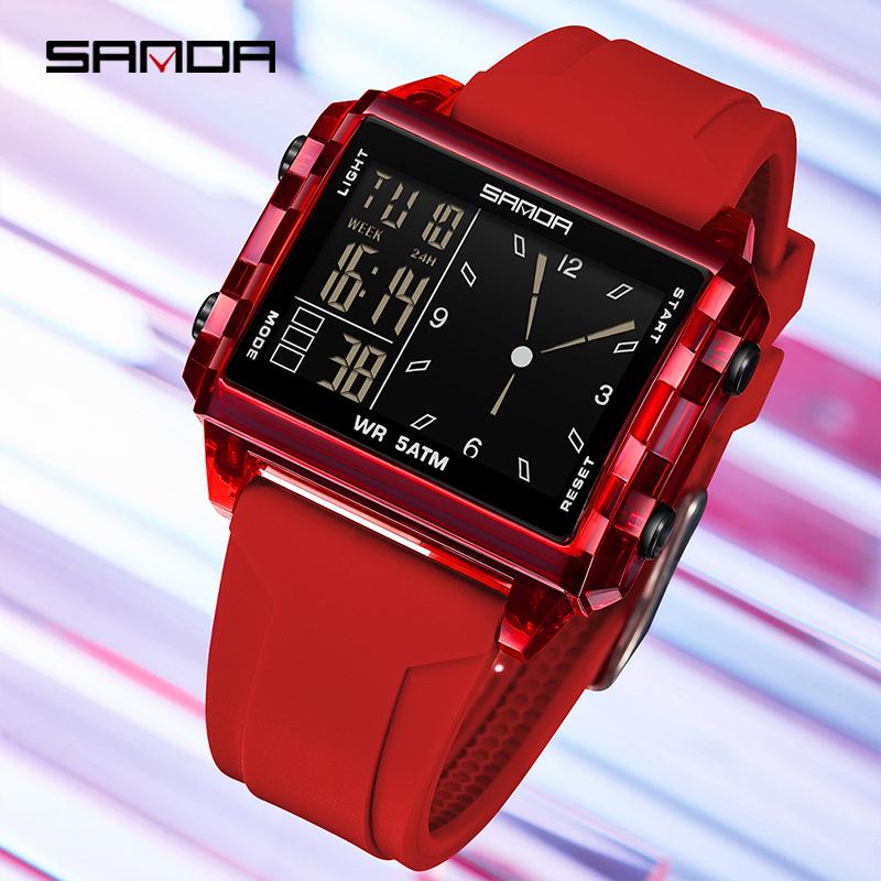 Sanda Transparent Electronic Square Watch with Large Dial for Students - Multifunctional Countdown Sports Wristwatch