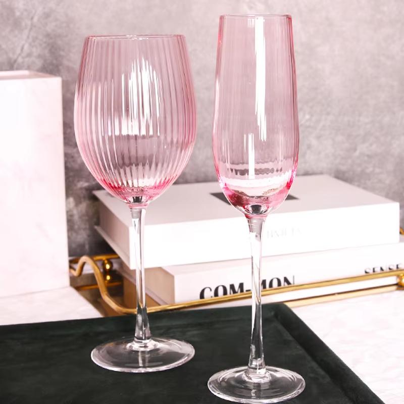 Nordic Pink Lead-Free Crystal Wine Glasses Large Capacity Vertical Stripes Goblet Champagne Cup for Household Barware Set