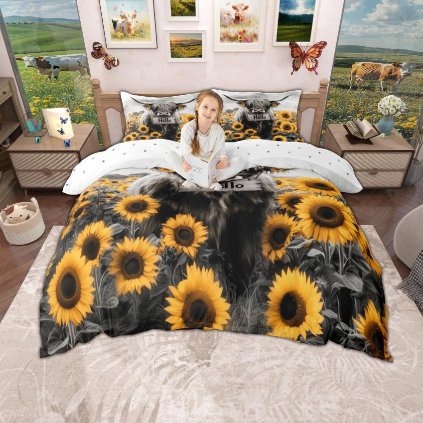 Homewish Highland Cow Duvet Cover Set, Chic Sunflower Bedding Set, Retro Farmhouse Lodge Cabin Quilt Cover Set