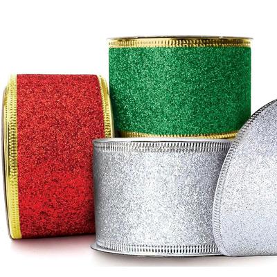5 Yard Weihnachtsband mit Glitzerdraht und Drahtkanten, Weihnachtsbänder zum Verpacken von Geschenken, Schleifen, Weihnachtsbaumband, Girlande, Geschenke