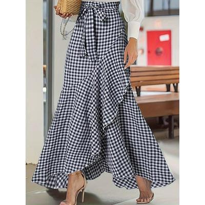 European and American Plaid High-Waisted Lace-up Ruffle Hem Asymmetrical Skirt