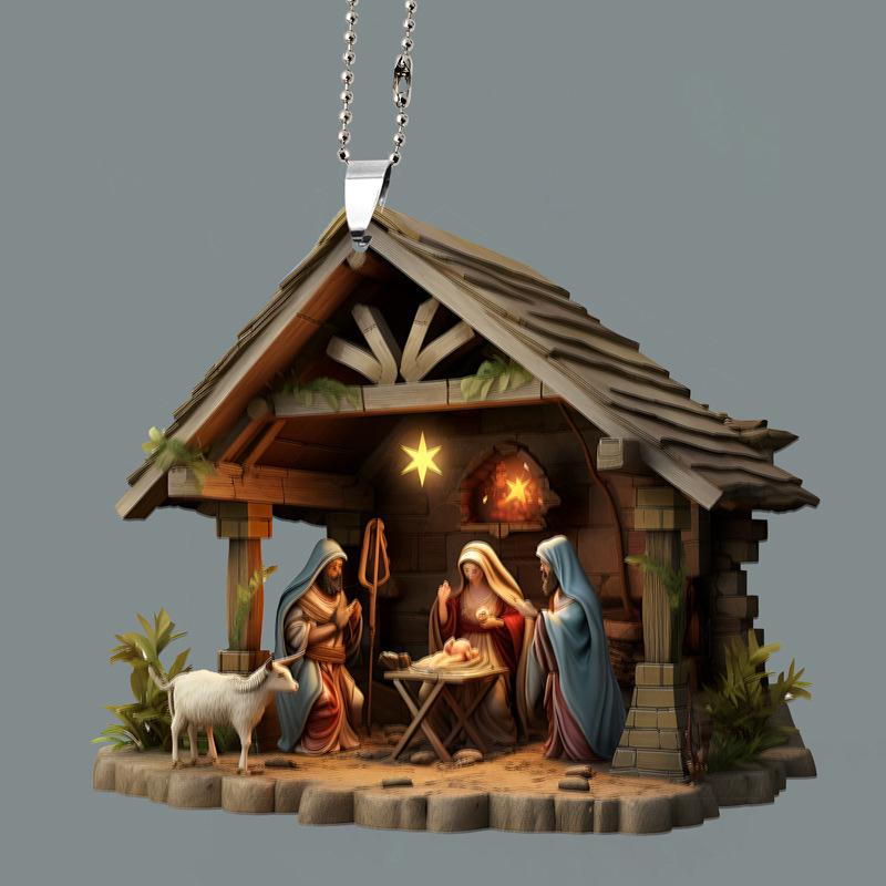 Christmas Tree Jesus Pendant Ornament Family Prayer Scene Pendant Bright Colored Car Decoration Pendant Home Decorations