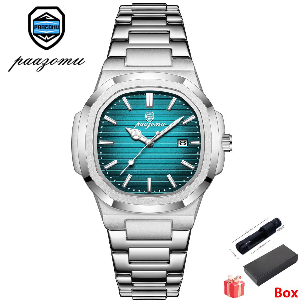 

Paazomu Luxury Watch Business Waterproof Male Clock Luminous Date Stainless Steel Square Quartz Men Watch Reloj New