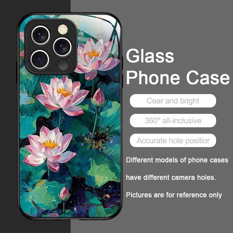 Retro Oil Painting Lotus Flowers Pattern Tempered Glass Phone Case for IPhone 17 16 Pro Max 15 14 Plus 13 12 Mini 11 XS XR Cover