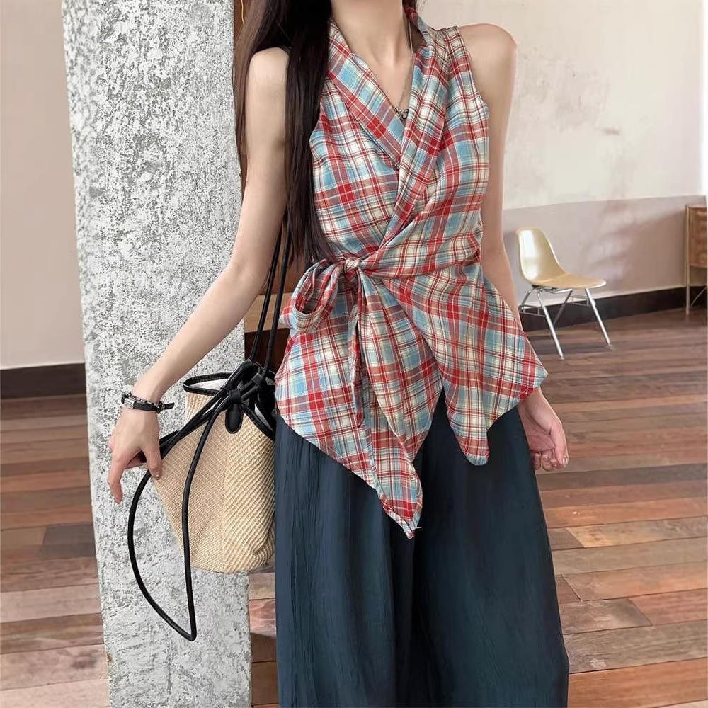Summer design sense niche waist thin vest women's French retro plaid off-the-shoulder neck sleeveless top ins