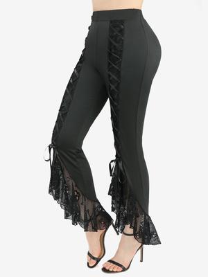 Rosegal Plus Size Skull Fishnet Mesh Trim Lace Up Ruffles Flare Pants