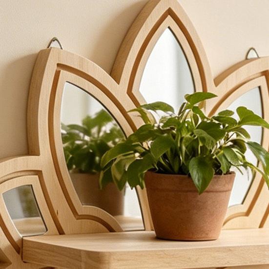 Lotus Flower Wall Shelf Wooden Floating Wall Planter Holder Boho Minimalist Hanging Decor with Mirrors for Living Room Bedroom Yoga Meditation Space