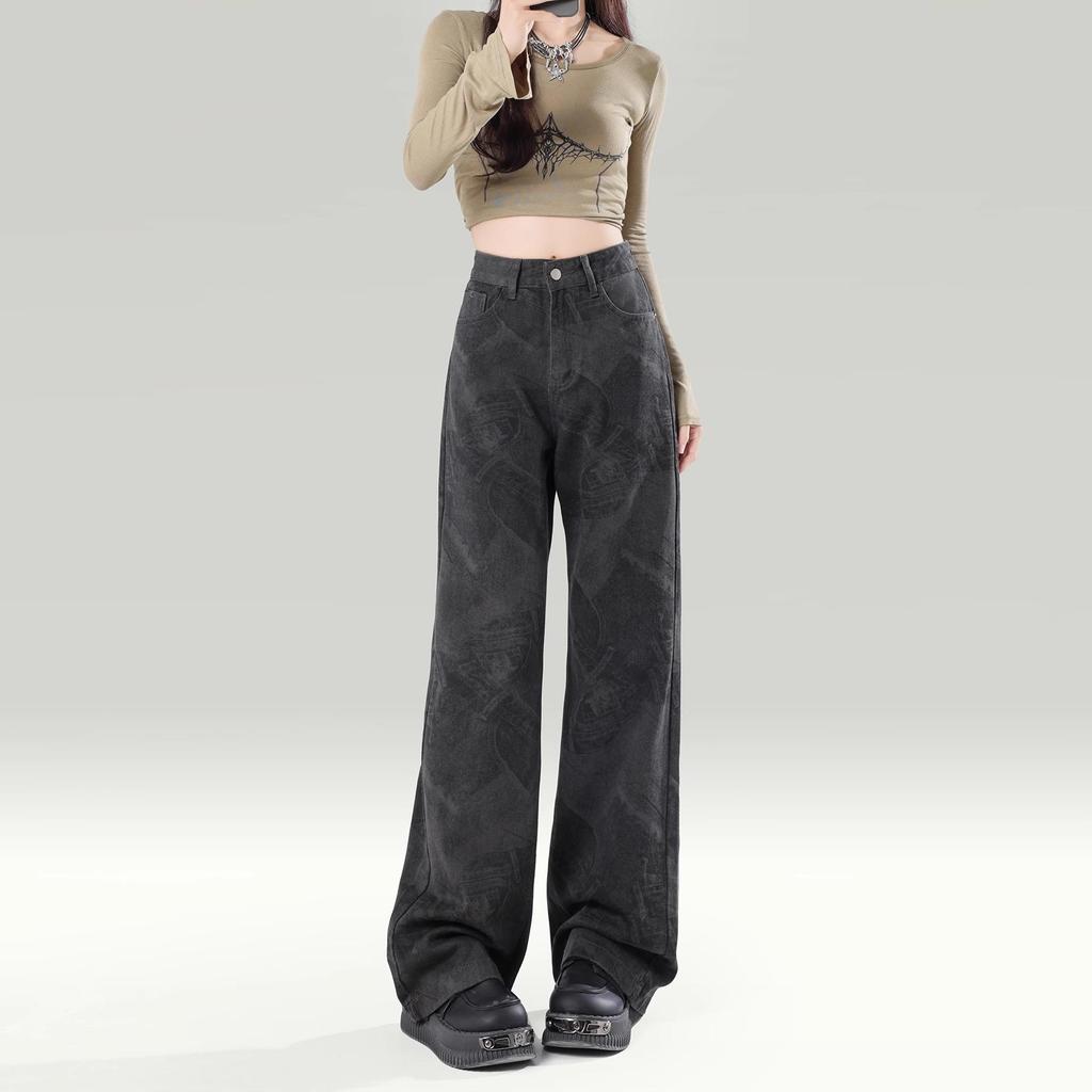 2025 Spring/Fall Women's High-Waisted Wide-Leg Printed Jeans - American Style, Slimming, Loose, Drapey, Floor-Length.