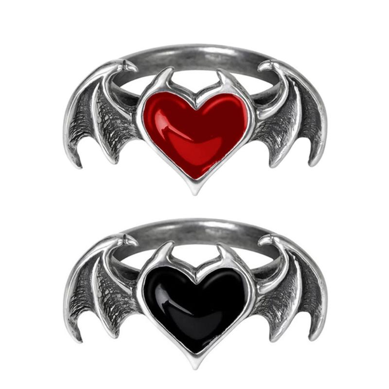 Gothic for Soul Ring Black Red Heart Demon Wing Ring High Polish Finger Ring Wedding Band Cocktail Party Promise Ring