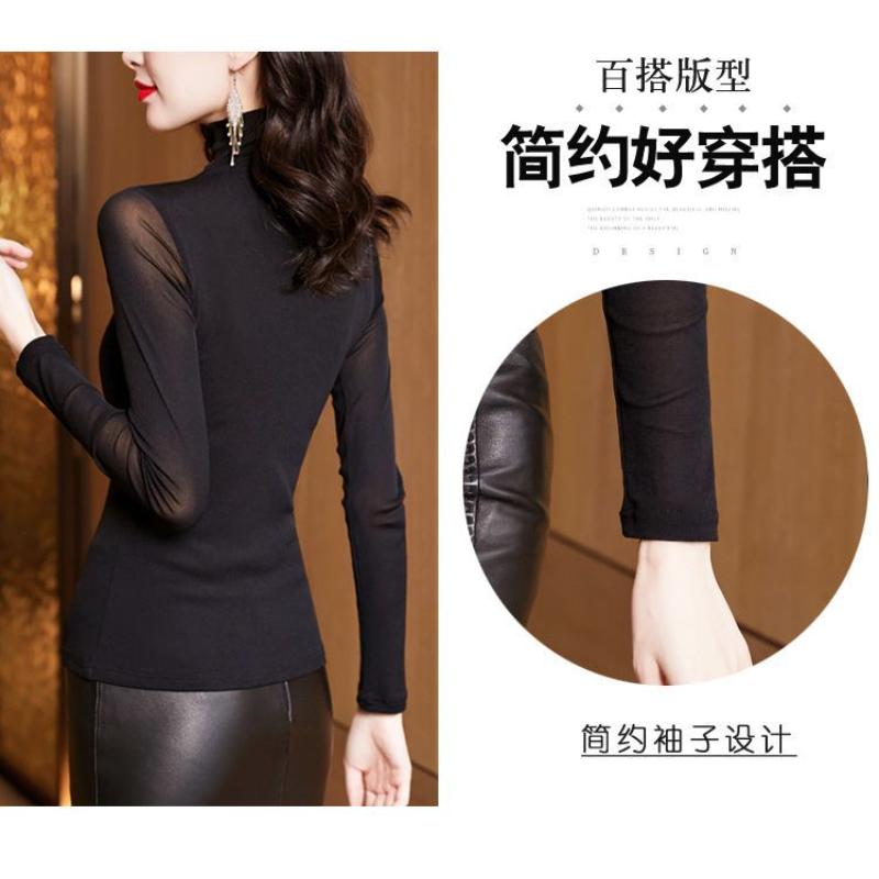 New Autumn and Winter Fashionable Versatile Black Embroidered Turtleneck Slim Long-sleeved Mesh T-shirt Bottoming Shirt