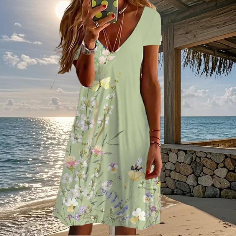 

Летняя мода Женское платье с V-образным вырезом и короткими рукавами, в стиле ретро, с принтом цветов и бабочек, сексуальное, с короткой юбкой 8XL зелёный