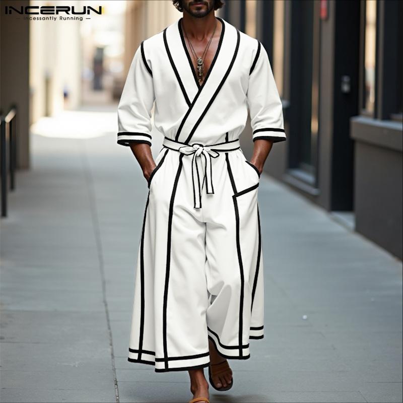 INCERUN 2PCS Men Lapel Neck 3/4 Sleeve Stitching Belt Shirt Long Wide Leg Pants Sets Outfits