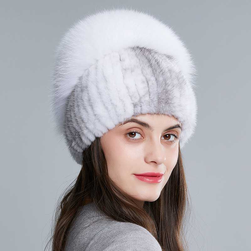 Fox Fur Pom Beanie Hat Real Mink Fashion Warm Winter Knitted Hats for Women Real Fur Beanie Hat With Fox Fur Pom