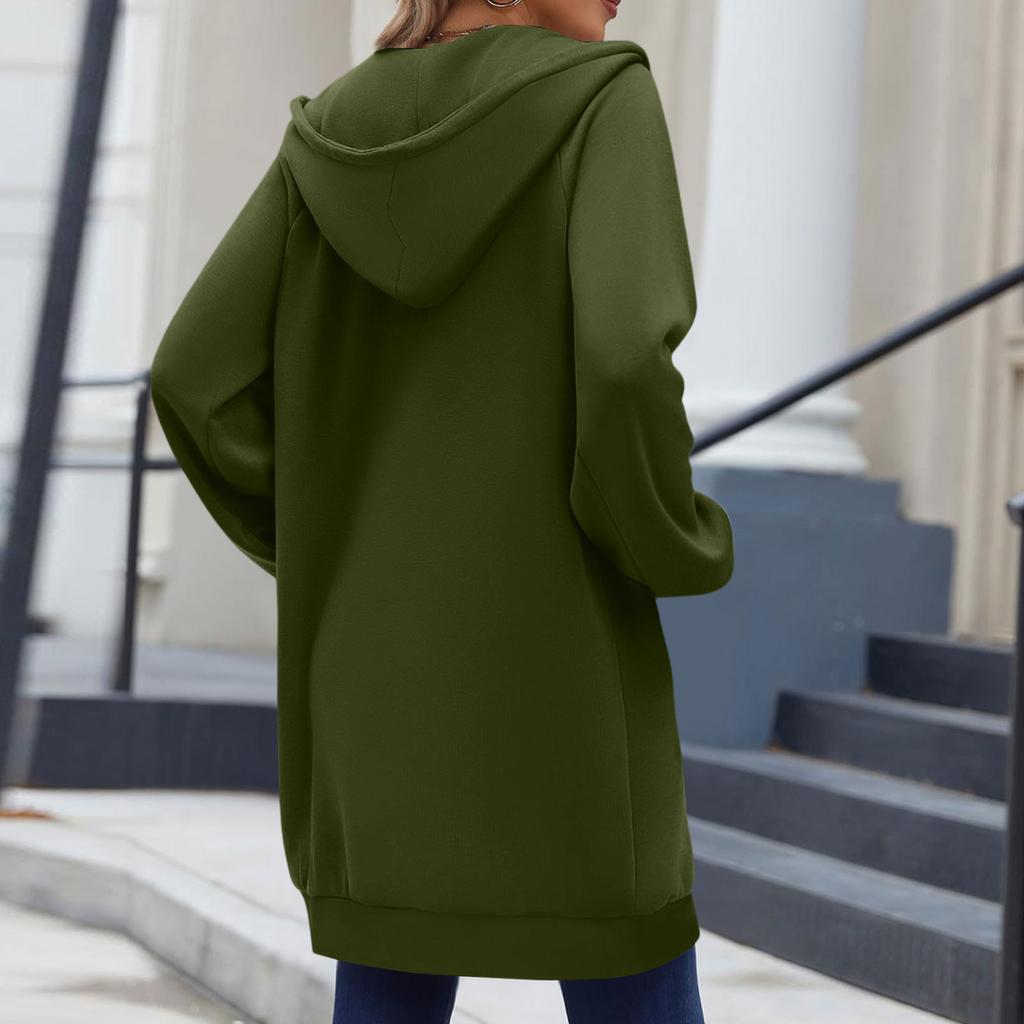 Veste longue à capuche pour femme avec double fermeture éclair, manches longues et poches