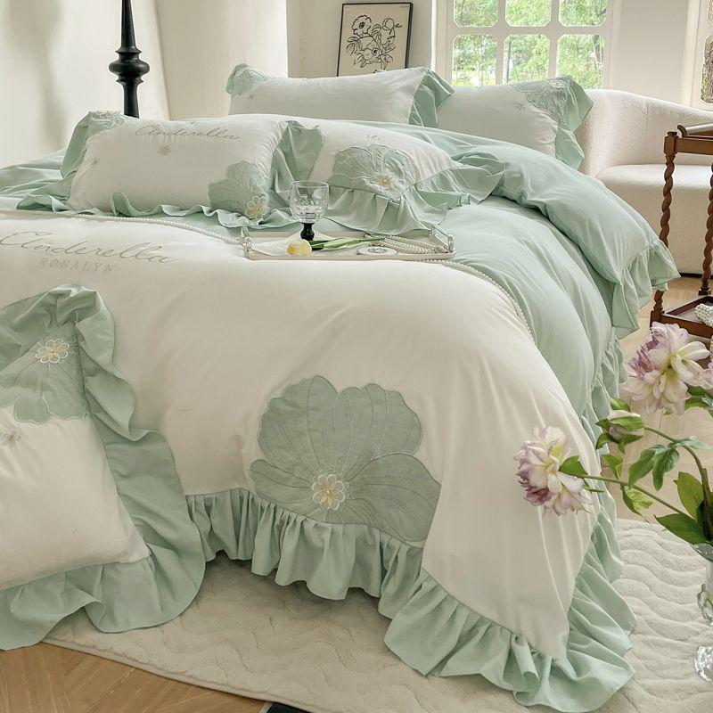 G5Z Koreanisches Prinzessinnen-Sonnenblumen-Stickbettwäsche-Set - Große Bettbezug & Spannbettlaken, Mädchenhaftes Vierteiliges Set